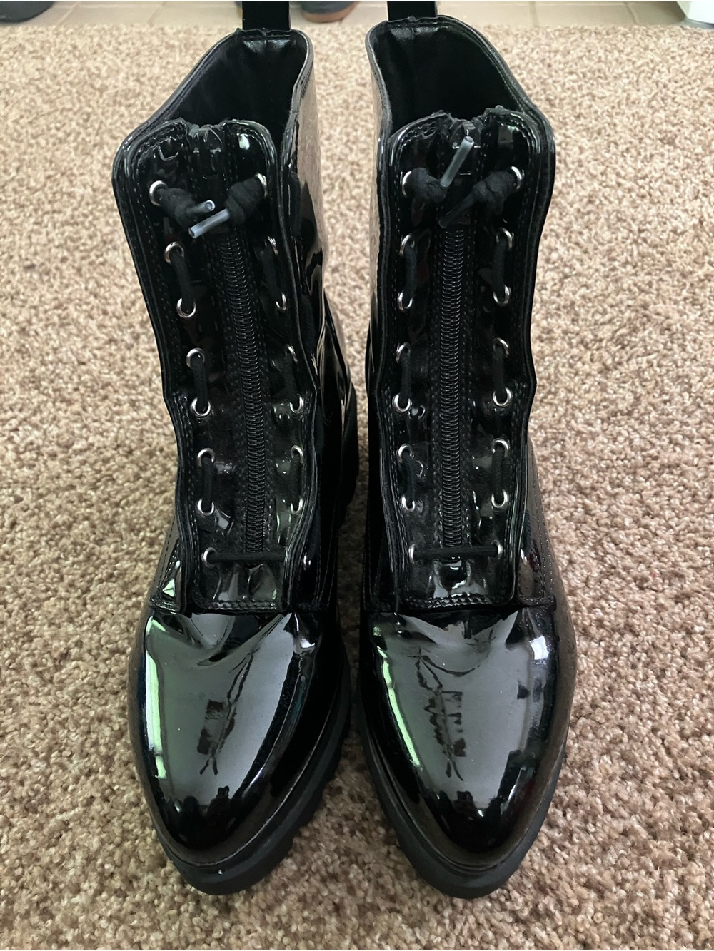 DKNY Patent Black zip faux Lace-Up Combat Boots